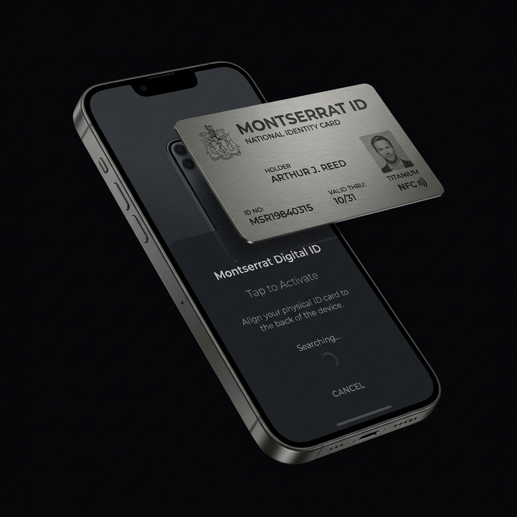 Titanium MDRP ID card hovering over an iPhone displaying the Montserrat Digital ID activation screen — Tap to Activate