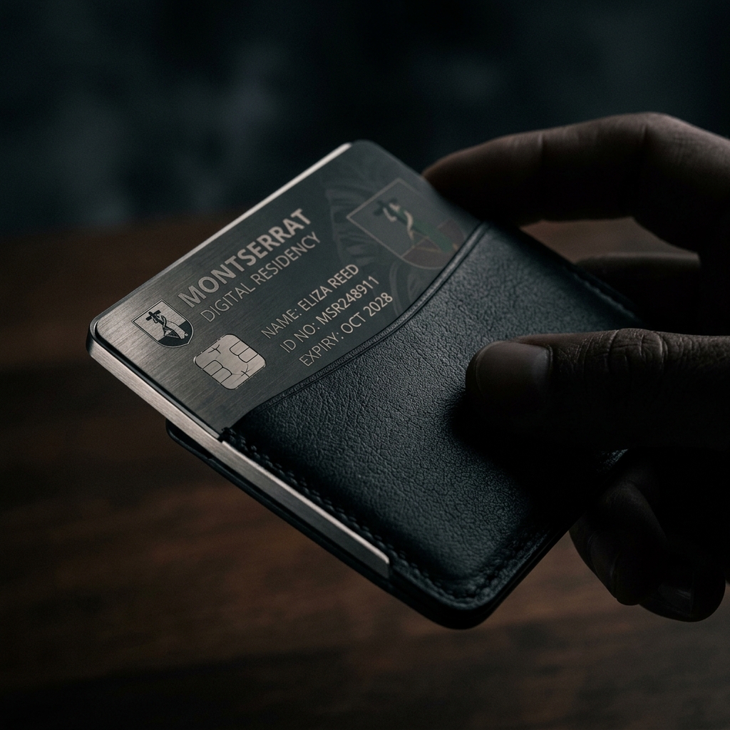 A hand holding a leather wallet with the titanium MDRP ID card slotted inside