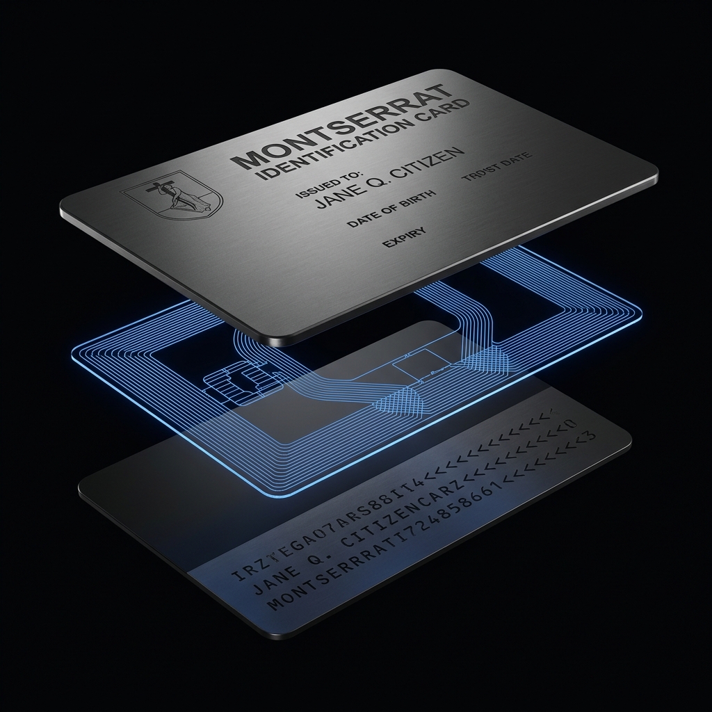 Titanium identity card exploded view showing chip, RFID antenna layer, and MRZ back