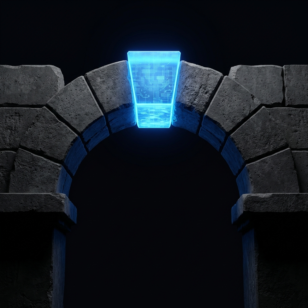 Ancient stone archway with a digital blue keystone — constitutional credibility fused with digital statute
