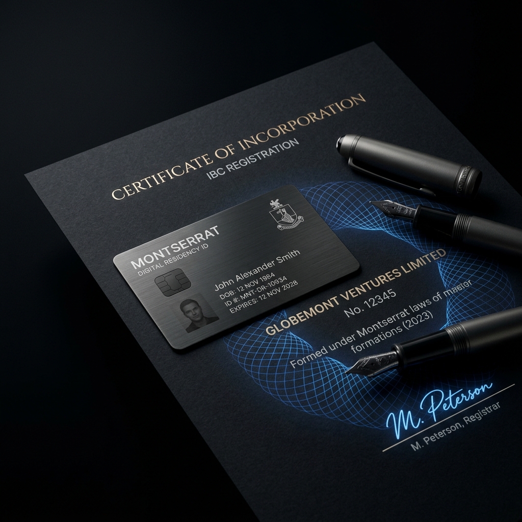 Digital Certificate of Incorporation with Montserrat ID card — IBC registration tied to digital residency